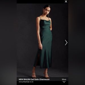 Dark Emerald BHLDN CALI SATIN CHARMEUSE MIDI DRESS